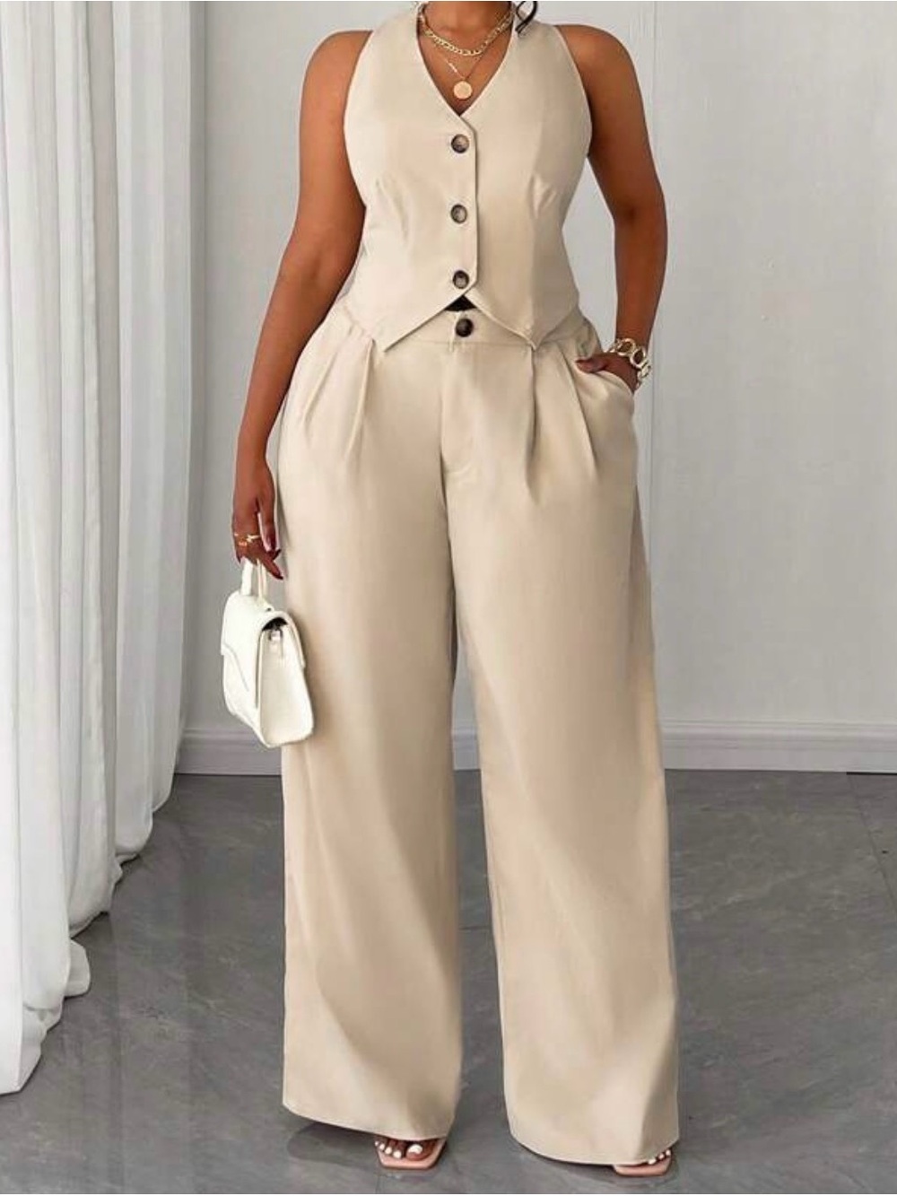 Zara Beige High-Waist Wide-Leg Trousers